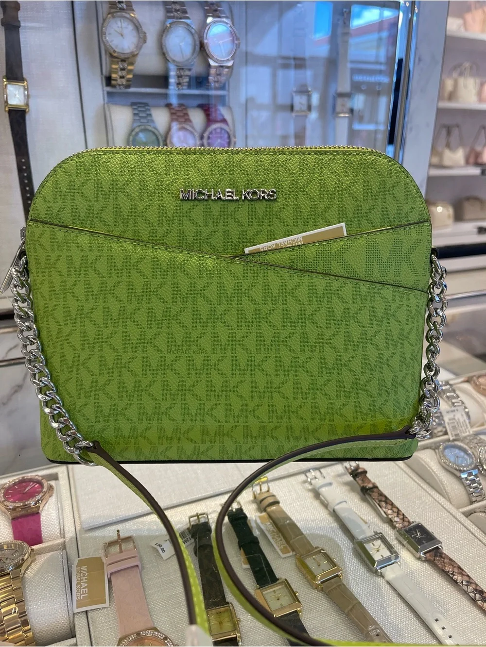 Michael Kors Jet Set Travel Medium Logo Dome Crossbody XBODY Bag Lime NWT